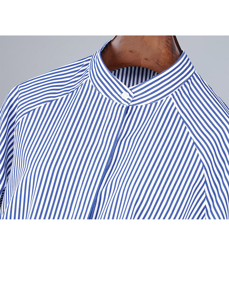 Blue and White Striped Mandarin Collar Shirt Jacket