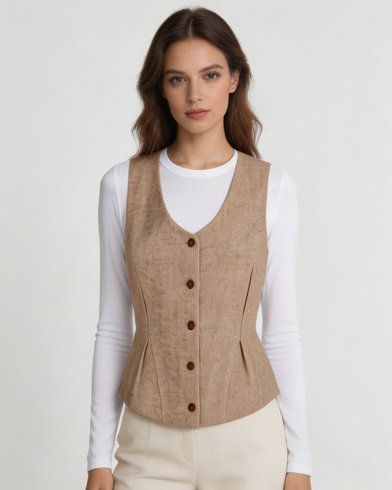 Vintage Linen U-Neck Waist-Cinching Vest Suitpure