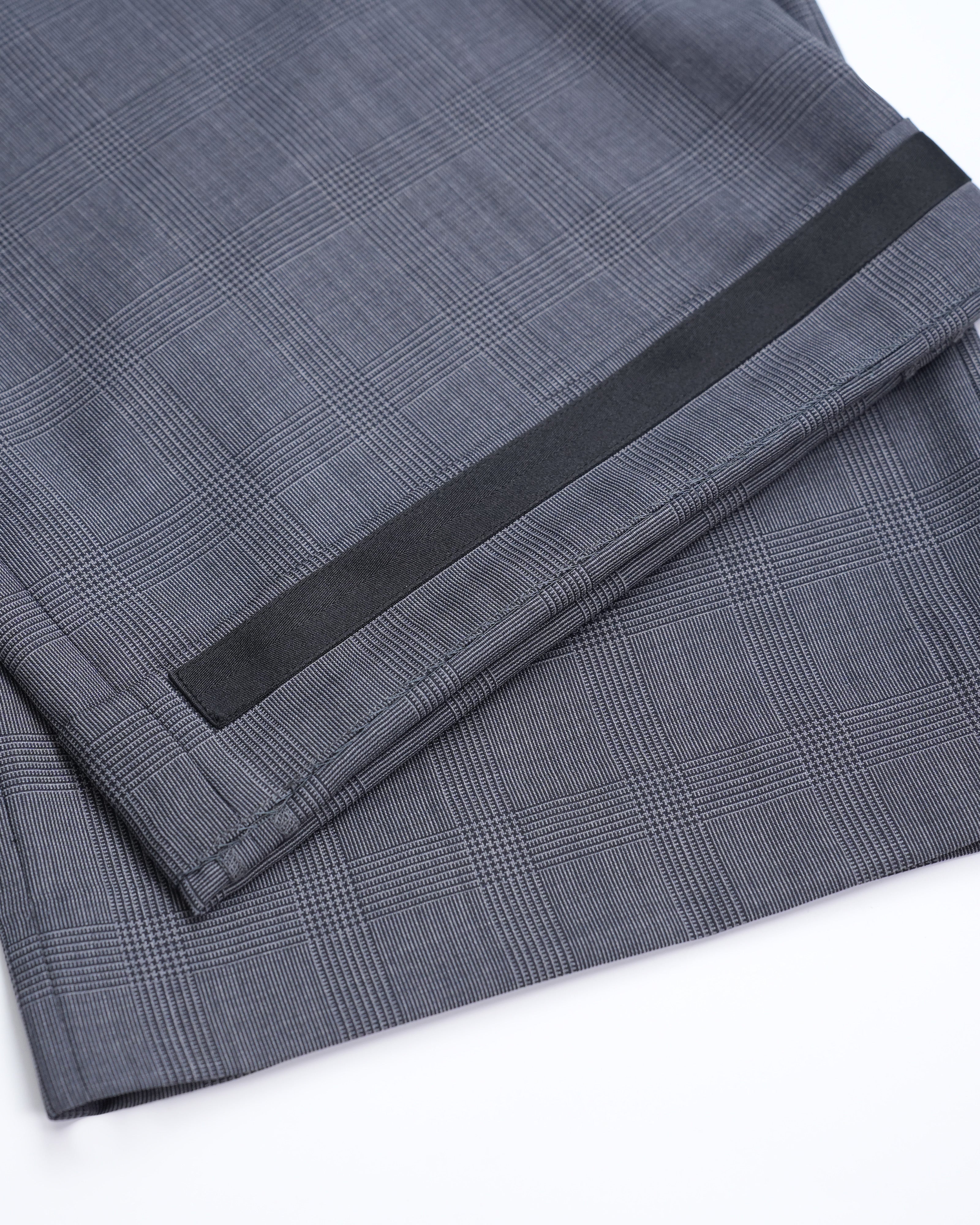 Dark Grey Prince of Wales Check Satin‑Trim Pleated Straight‑Leg Trousers | 100% Wool