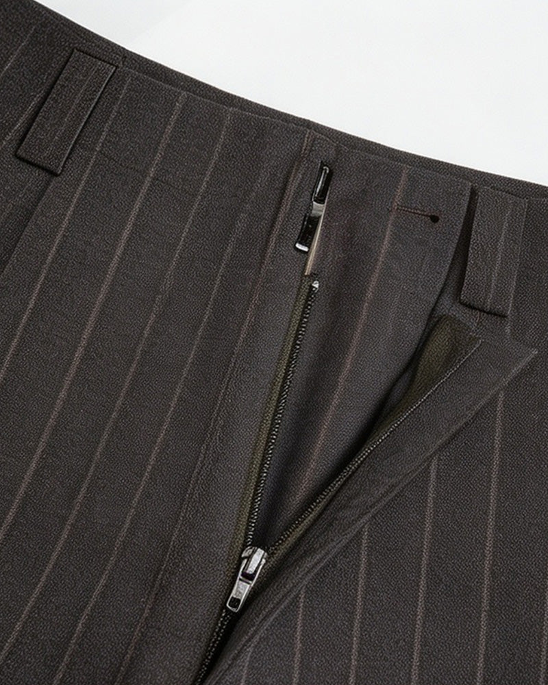 Dark Brown Wide Stripe Wool High-Rise Easy Wide-Leg Pants Suitpure