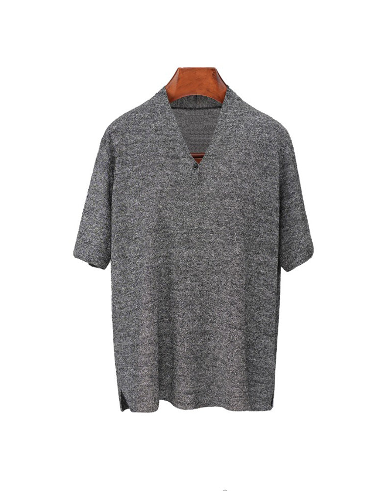 V-Neck Wool Linen Relaxed Knit Short Sleeve Top Suitpure