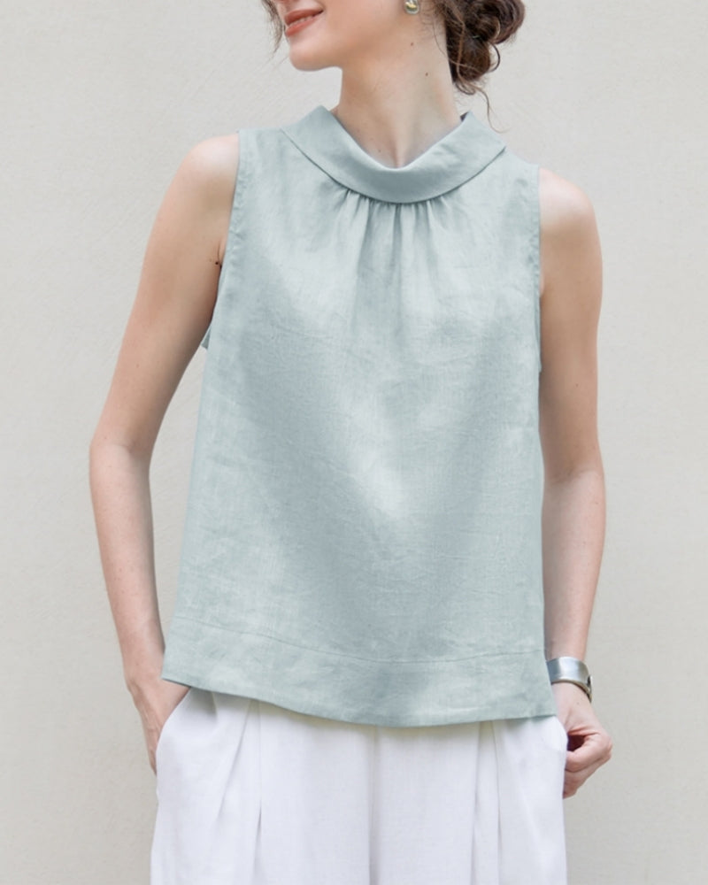 Sleeveless Linen Top with Ruffled Neckline Suitpure