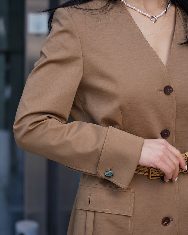Women Khaki V Neck Long Sleeve Business Casual Trench Shirt Dress Suitpure