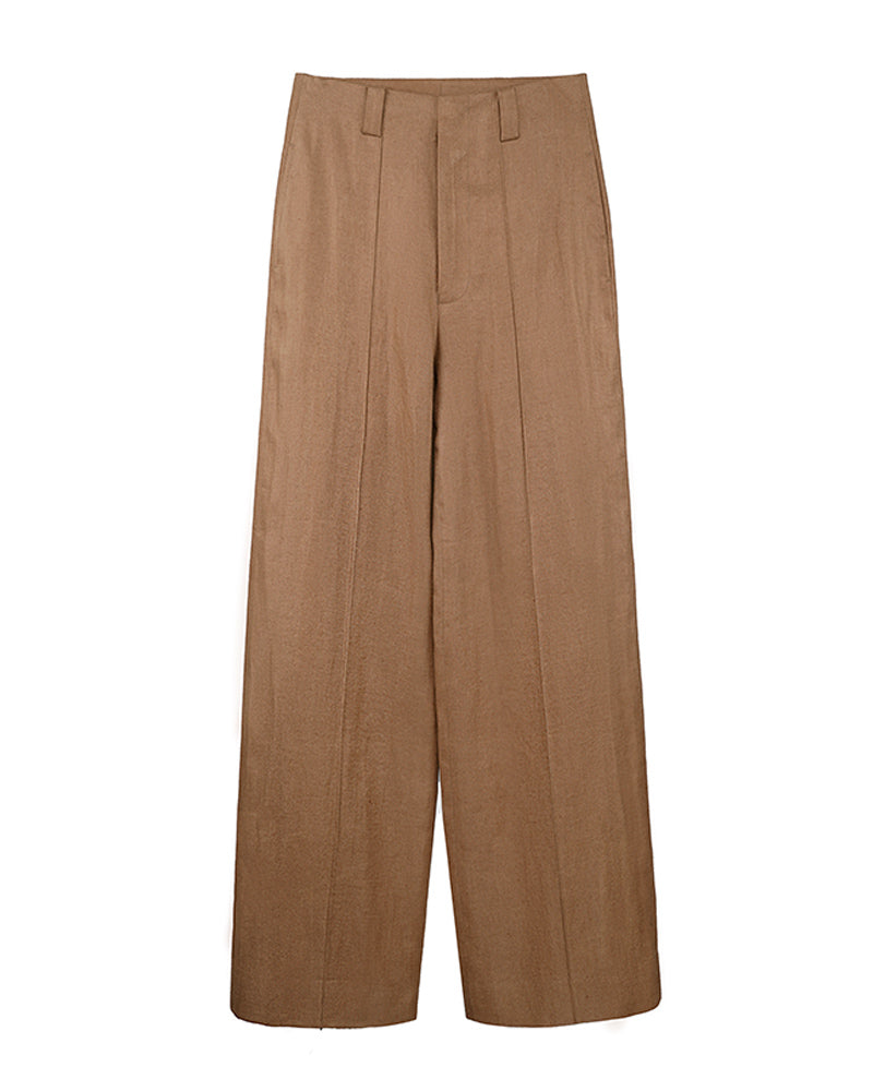 Brown Linen Straight Trousers | Continuous Waistband