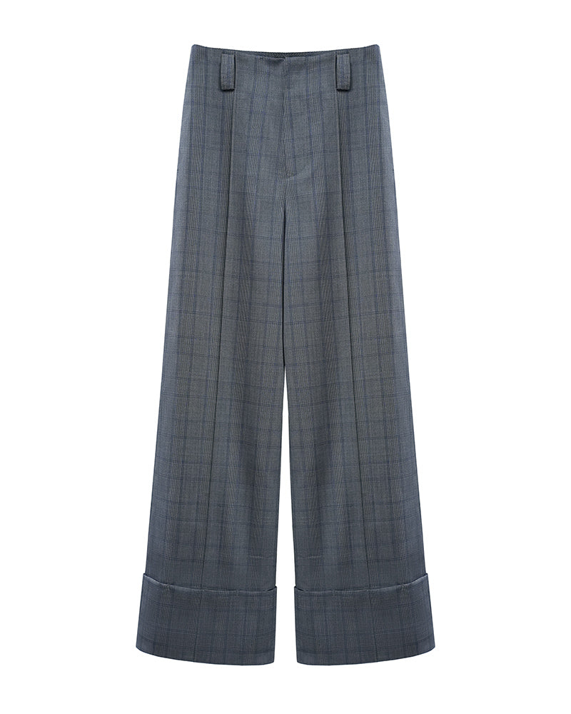 Glen Plaid Cuffed Trousers | High-Waist Wide-Leg Suitpure
