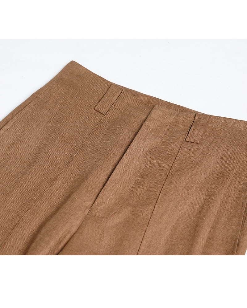 Brown Linen Straight Trousers | Continuous Waistband