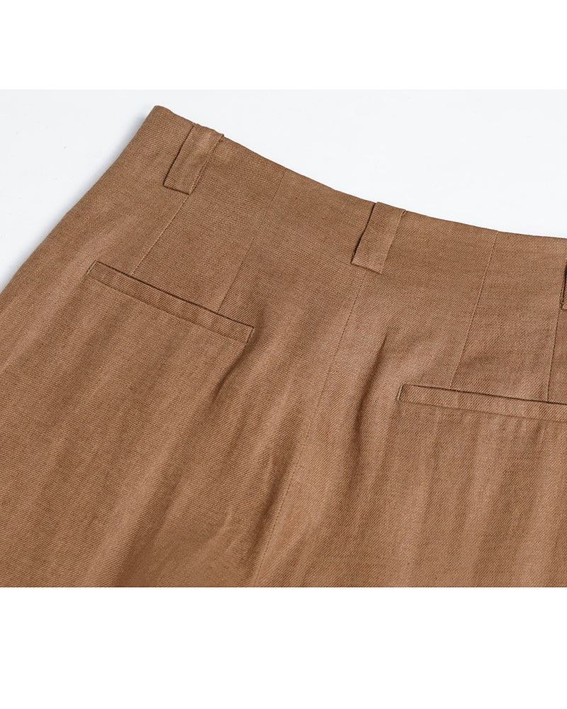 Brown Linen Straight Trousers | Continuous Waistband