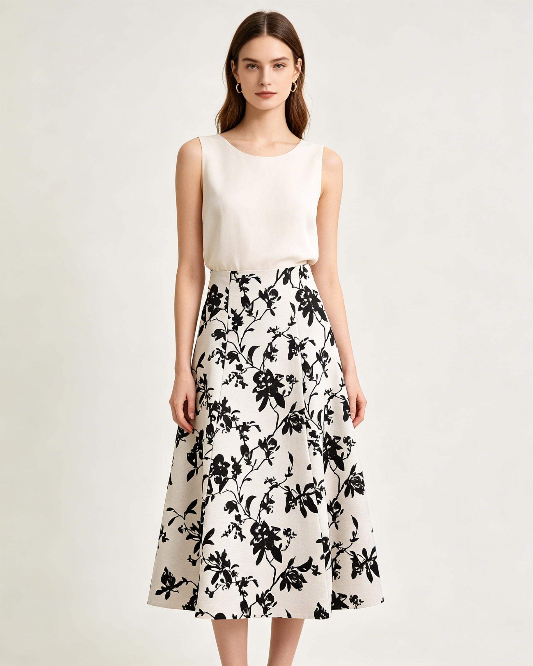 Women's Black Floral Print Linen Blend Midi A-Line Skirt Suitpure