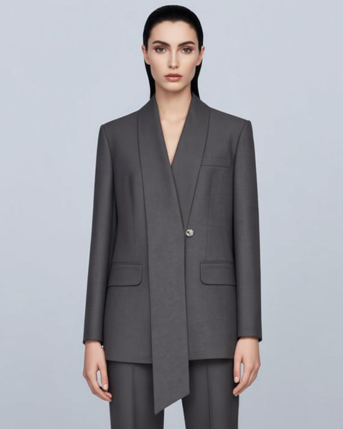 Women's Gray Blazer with Tie Scarf Detail Asymmetric Tailored Suit Jacket Suitpure