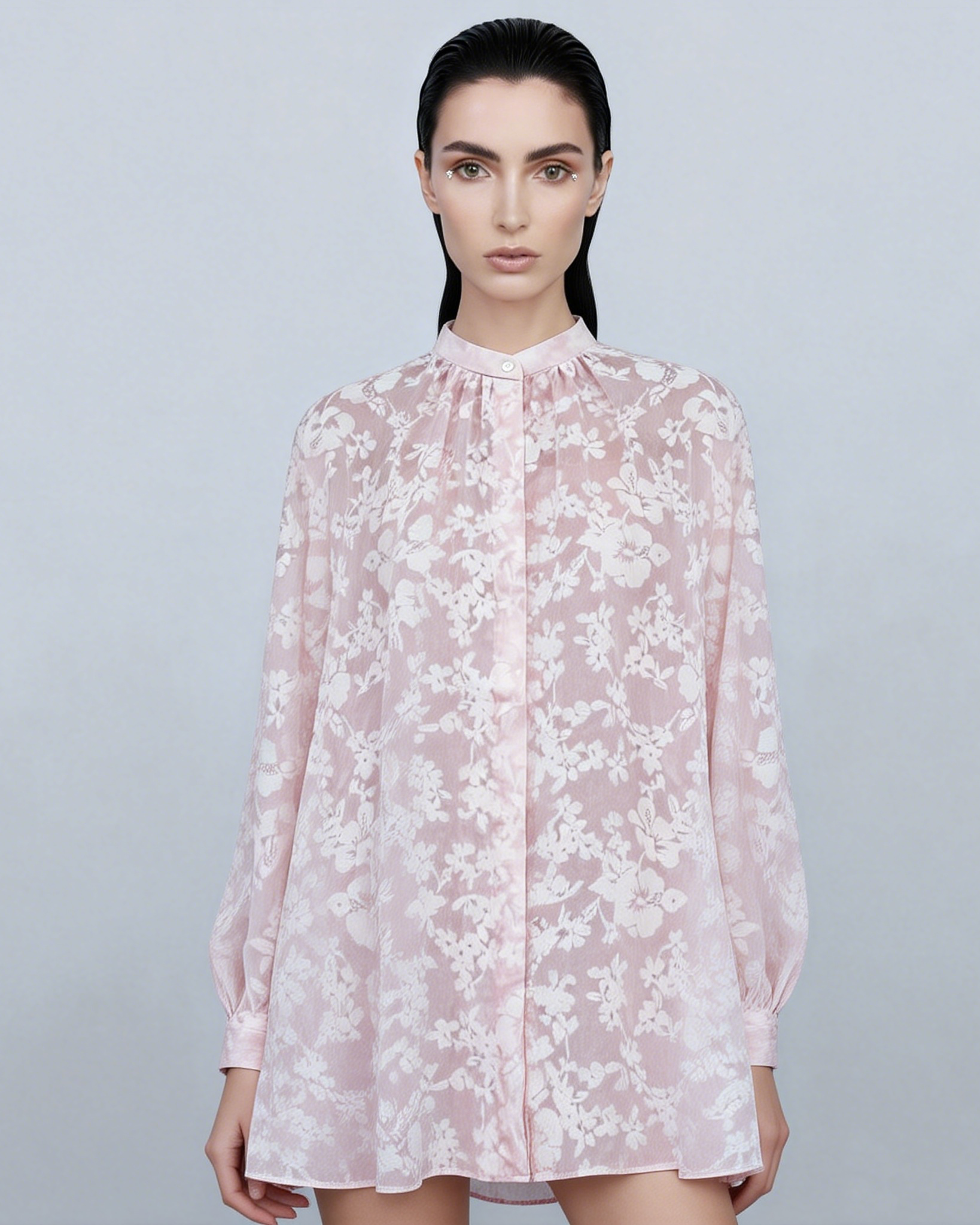 Women's Casual Pink Floral Print Sheer Long Sleeve Blouse Suitpure