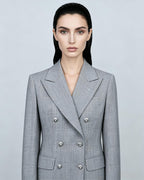 Women's Tailored Gray Checkered Blazer with Flap Pockets Suitpure