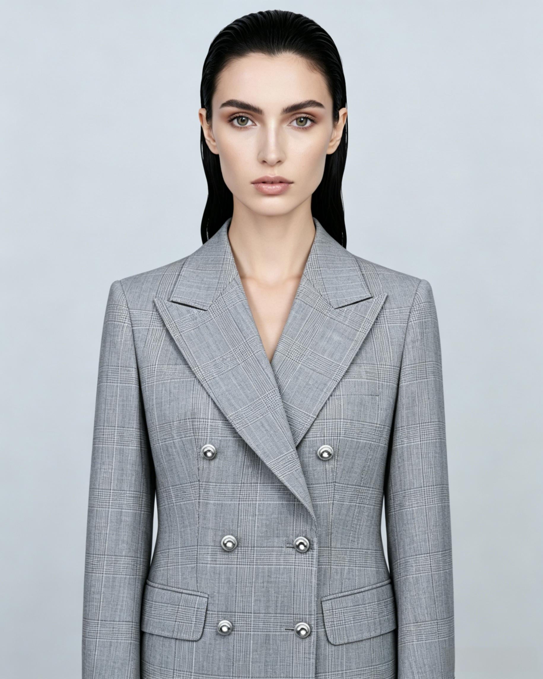 Women's Tailored Gray Checkered Blazer with Flap Pockets Suitpure