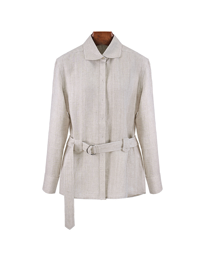 Hippie Textured Linen Blouse with Self-Tie Belt Suitpure