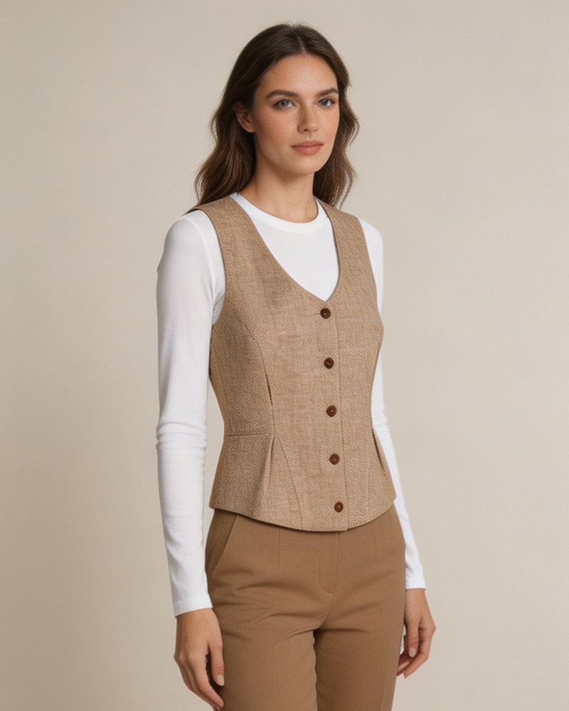 Vintage Linen U-Neck Waist-Cinching Vest Suitpure