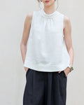 Sleeveless Linen Top with Ruffled Neckline Suitpure