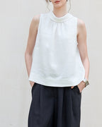 Sleeveless Linen Top with Ruffled Neckline Suitpure