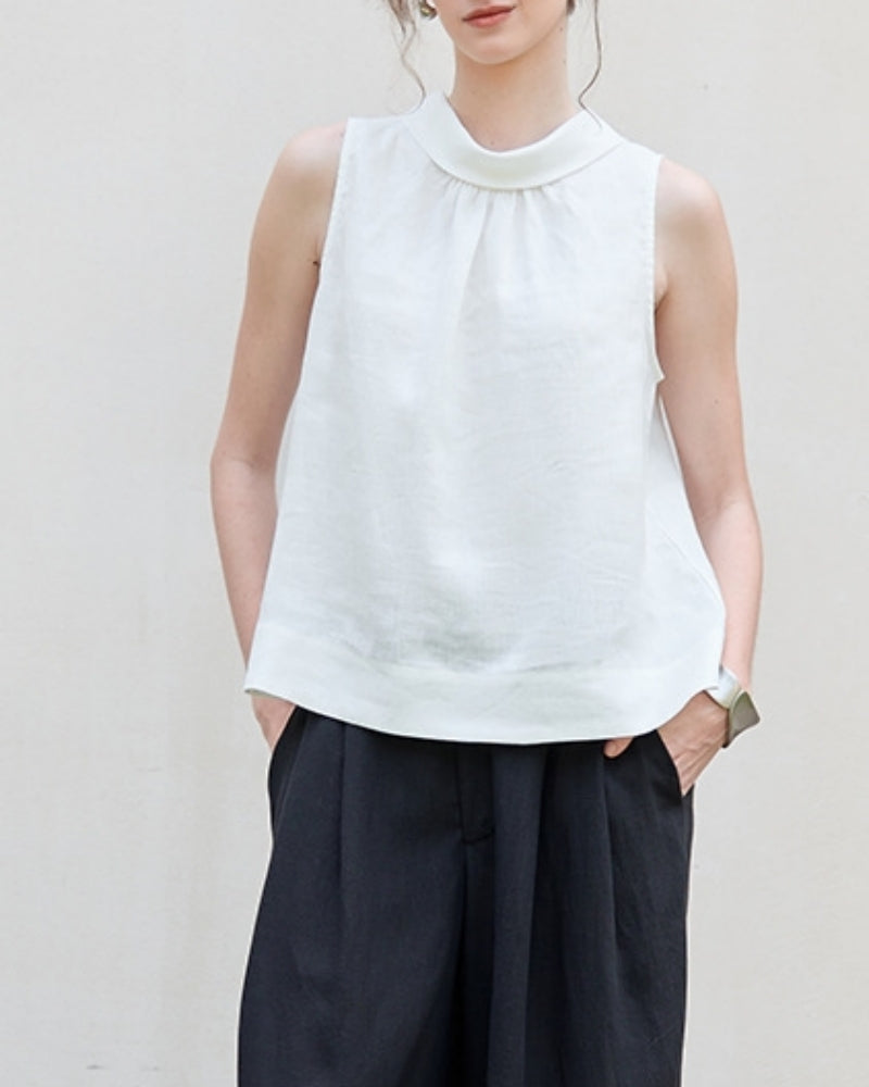 Sleeveless Linen Top with Ruffled Neckline Suitpure