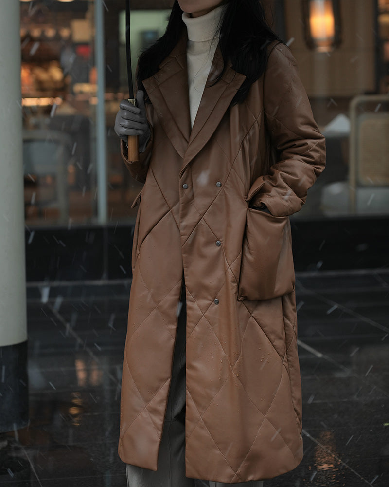 Diamond Quilted Leather Long Down Coat