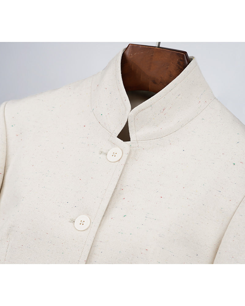 Cotton Twill Mandarin Blazer | Speckled Yarn Texture Suitpure
