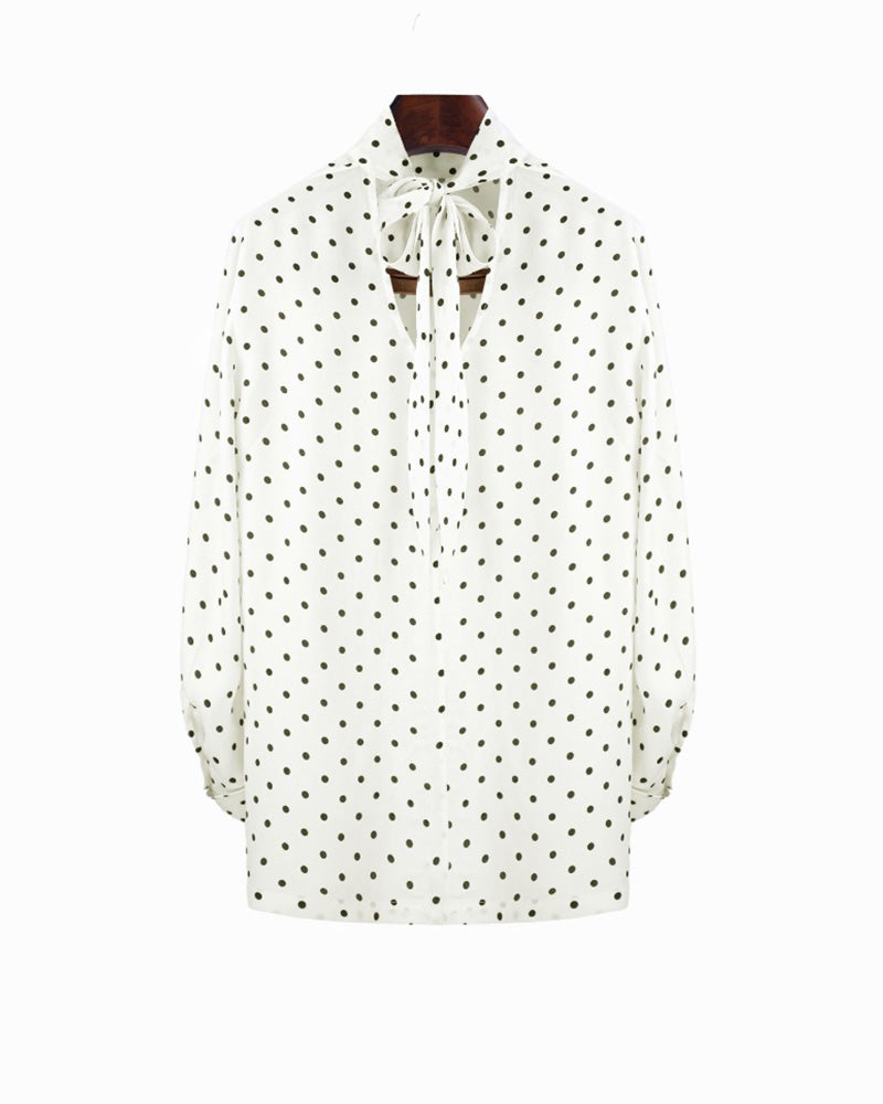 Beige Polka Dot Blouse with Back Tie Detail Suitpure