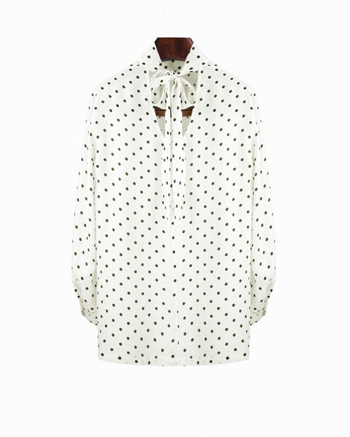 Beige Polka Dot Blouse with Back Tie Detail Suitpure
