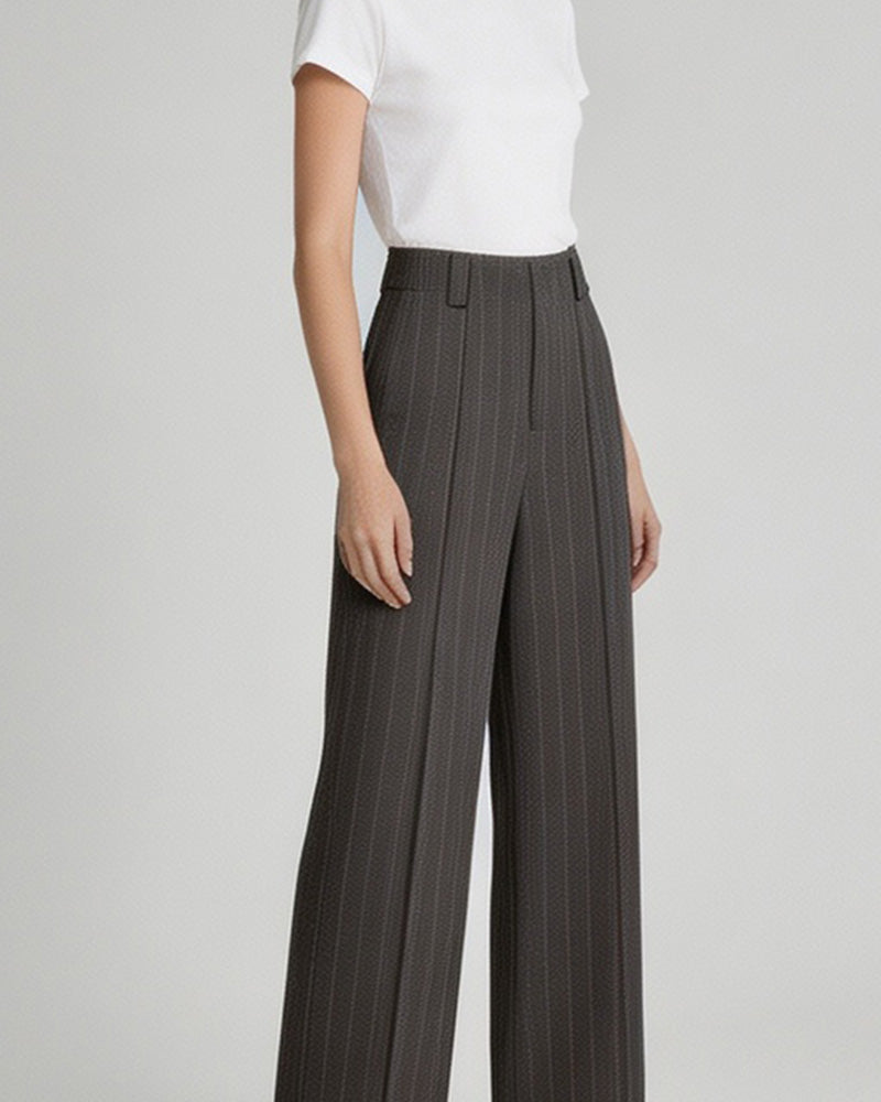 Dark Brown Wide Stripe Wool High-Rise Easy Wide-Leg Pants Suitpure