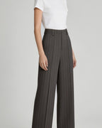 Dark Brown Wide Stripe Wool High-Rise Easy Wide-Leg Pants Suitpure