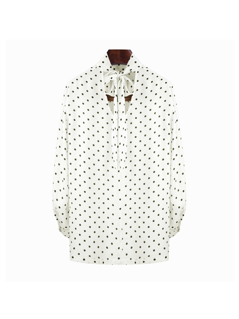 Beige Polka Dot Blouse with Back Tie Detail Suitpure