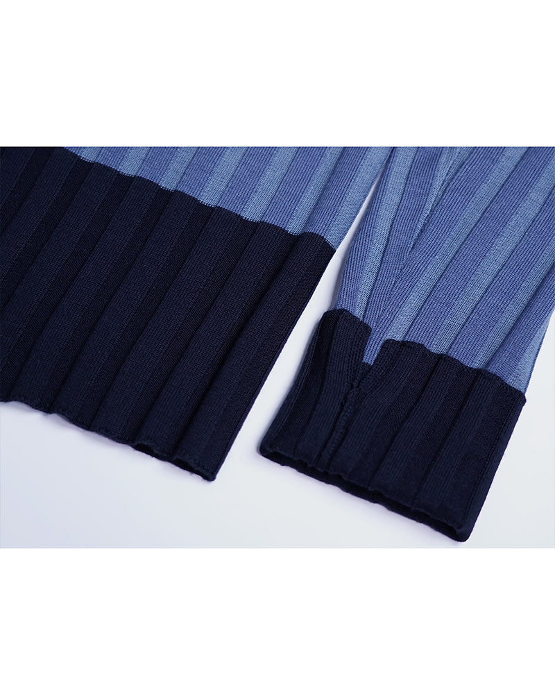 Vertical Stripe Color-Block Lapel Cardigan