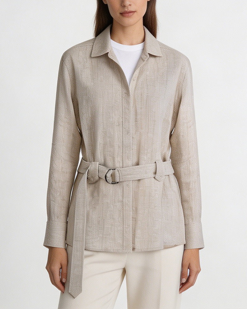 Hippie Textured Linen Blouse with Self-Tie Belt Suitpure