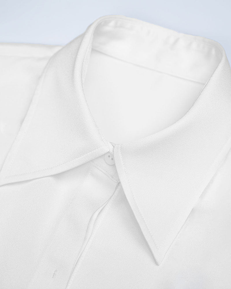 White Satin Batwing Sleeve Shirt Women Cuff Button Collar Office Blouse Suitpure