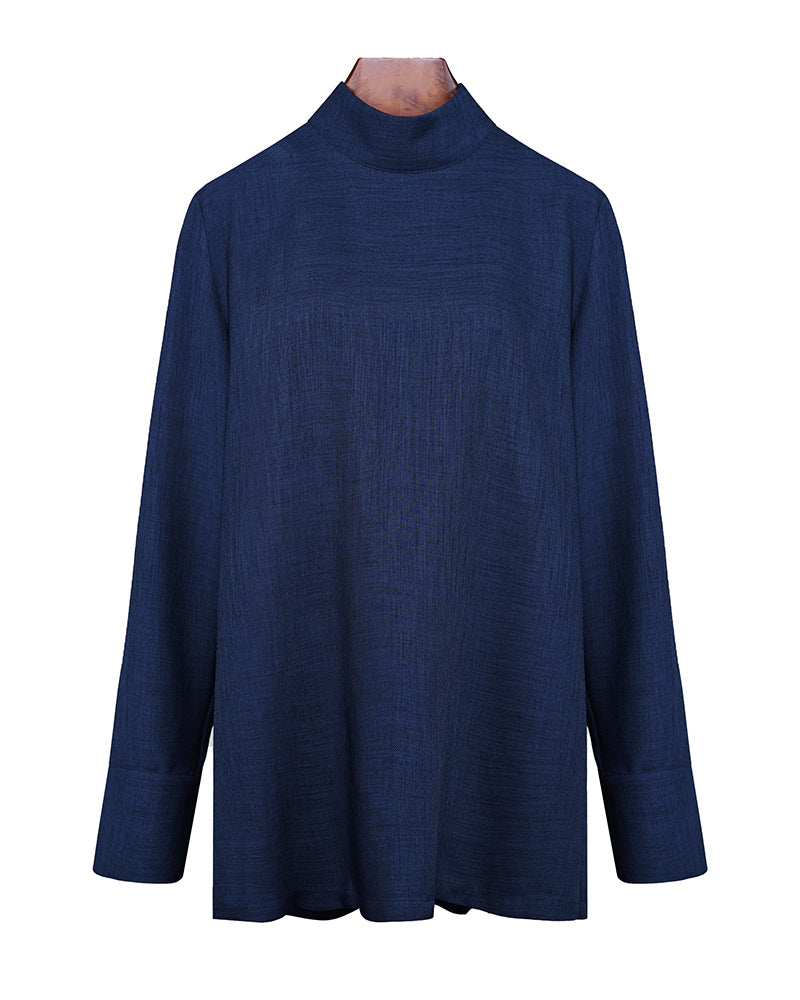 Ink Blue Mock Neck Pullover Blouse Suitpure