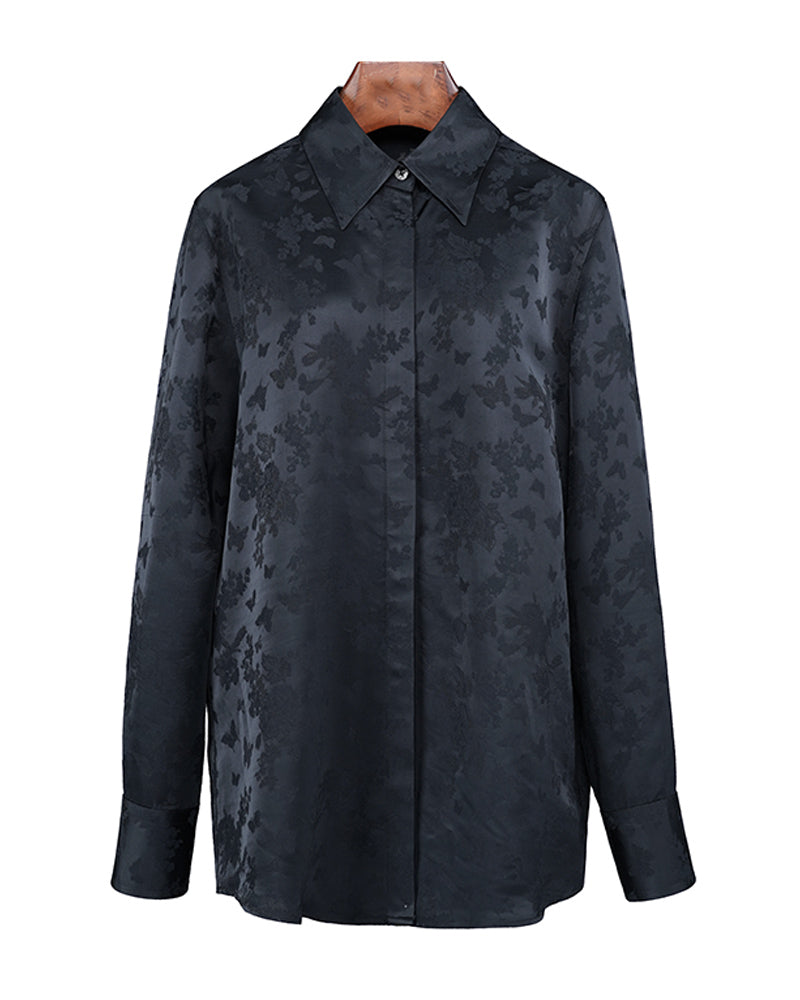 Black Cutout Jacquard Blouse  Minimalist Style