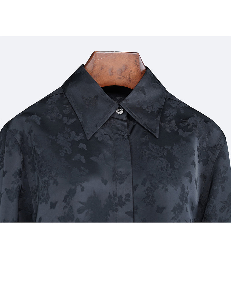 Black Cutout Jacquard Blouse  Minimalist Style