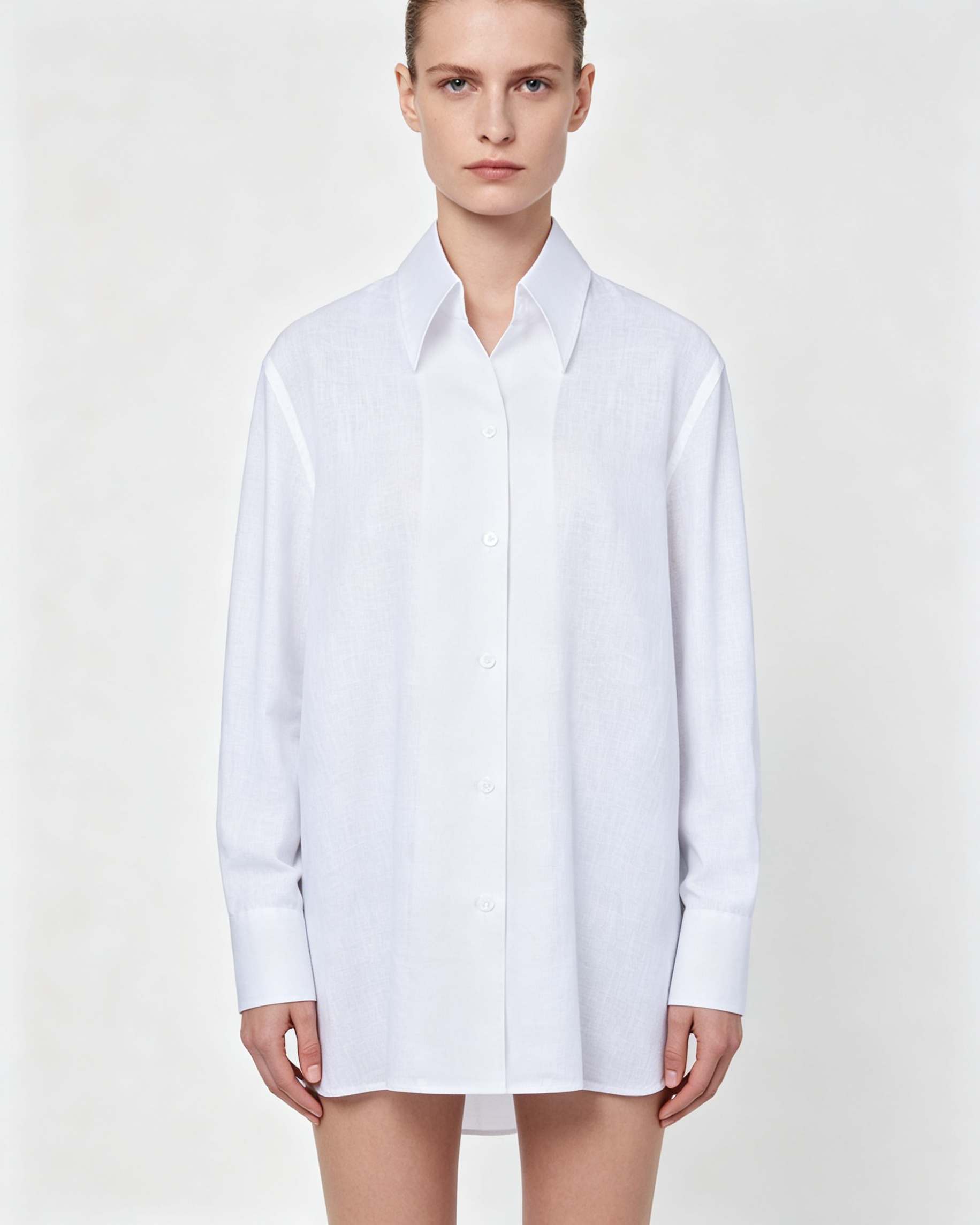 White Linen-Blend Button-Down Long Sleeve Shirt for Women Suitpure