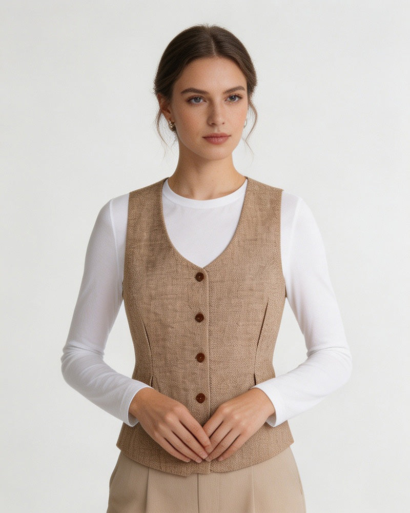Vintage Linen U-Neck Waist-Cinching Vest Suitpure