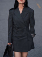 Women’s Dark Grey Asymmetric Oblique Placket Waist-Cinching Long Blazer Dress
