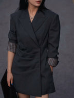 Women’s Dark Grey Asymmetric Oblique Placket Waist-Cinching Long Blazer Dress