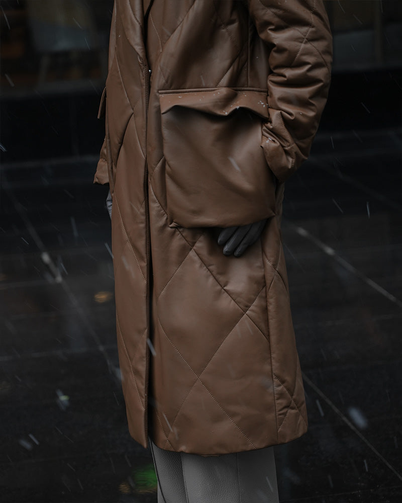 Diamond Quilted Leather Long Down Coat