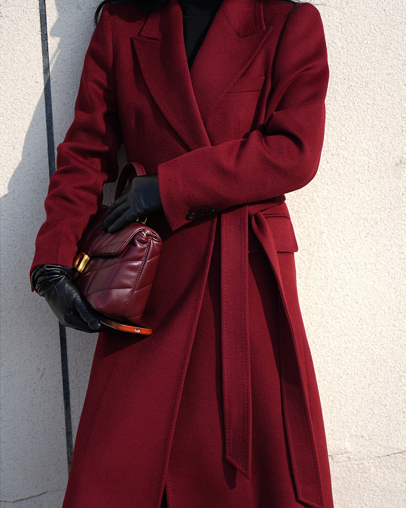 Peak Lapel Belted Coat in Deep Burgundy Suitpure