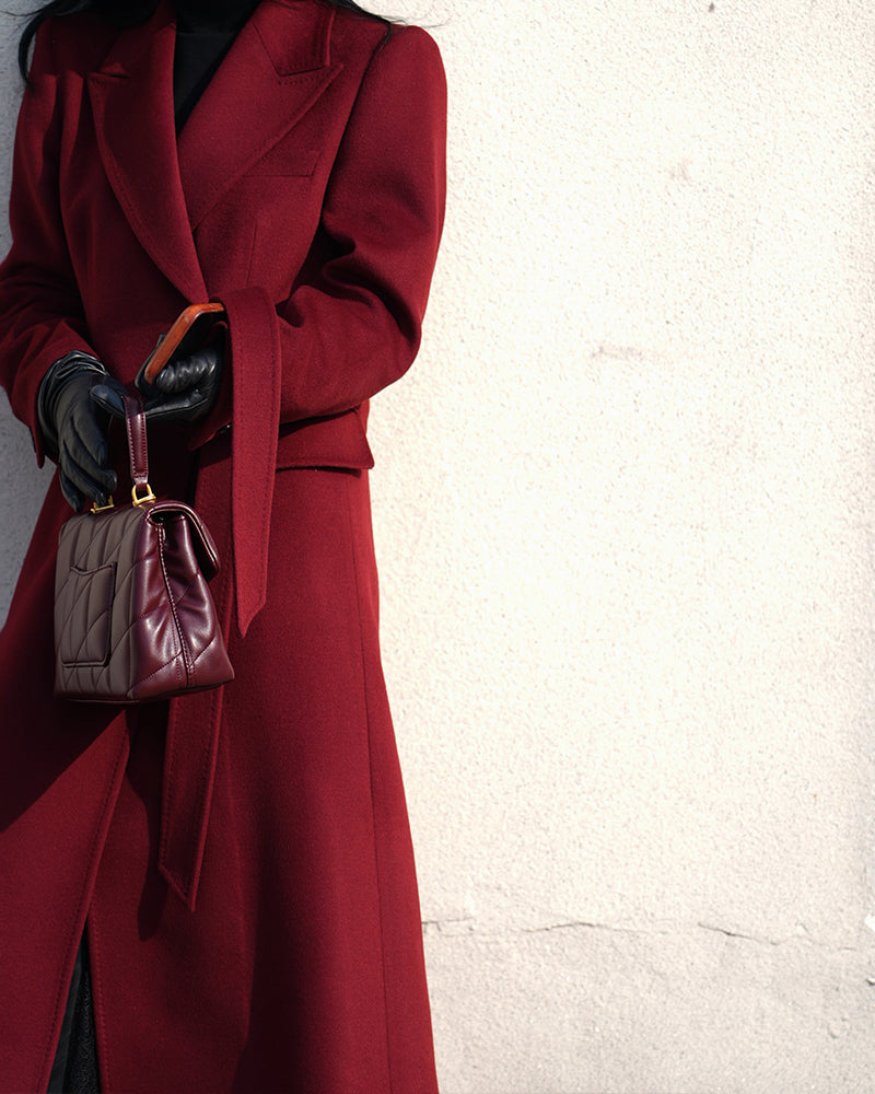 Peak Lapel Belted Coat in Deep Burgundy Suitpure