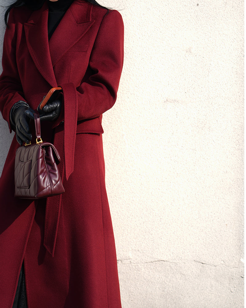 Peak Lapel Belted Coat in Deep Burgundy Suitpure