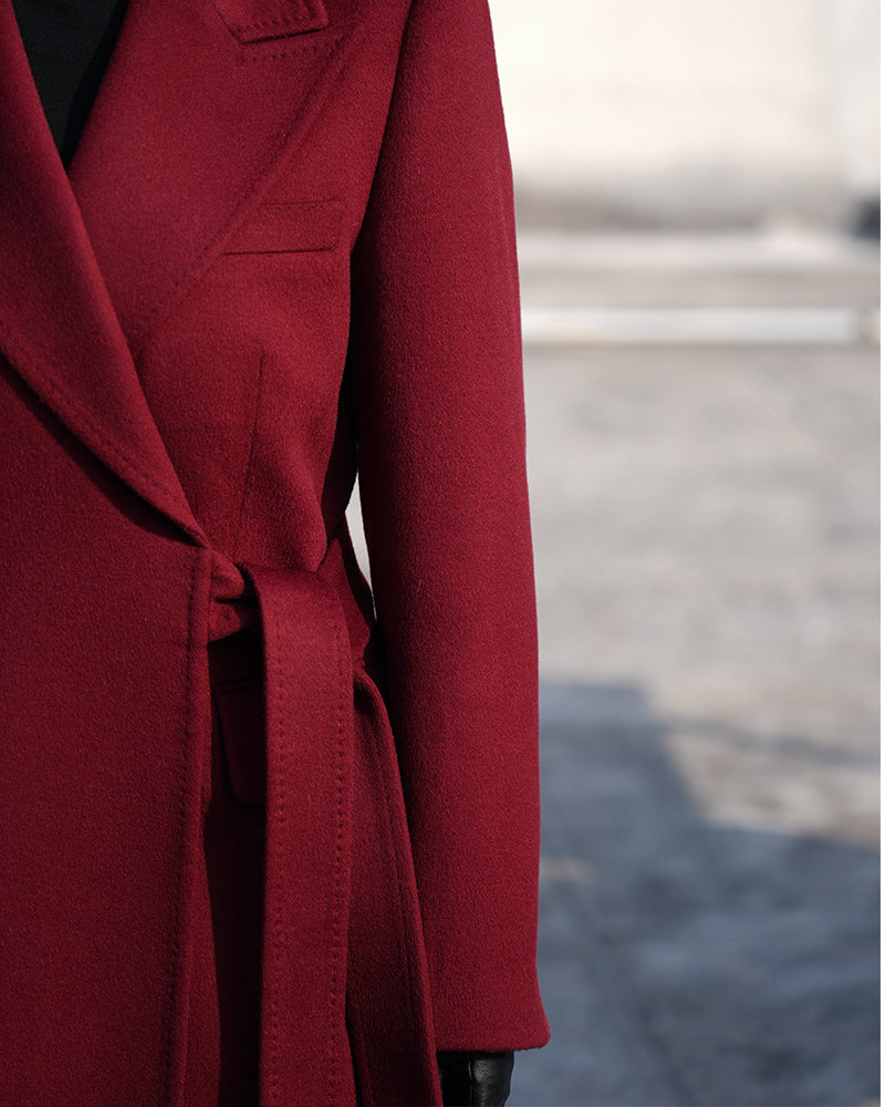 Peak Lapel Belted Coat in Deep Burgundy Suitpure
