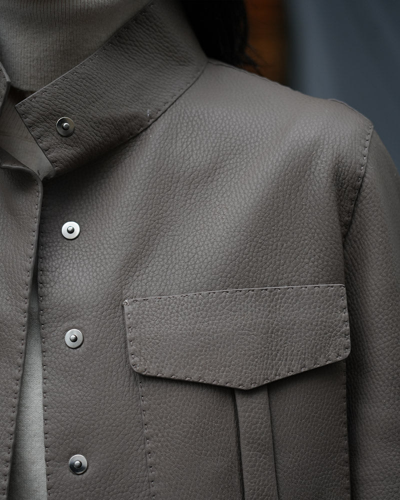 Mandarin Collar Crop Leather Jacket & Pants Set