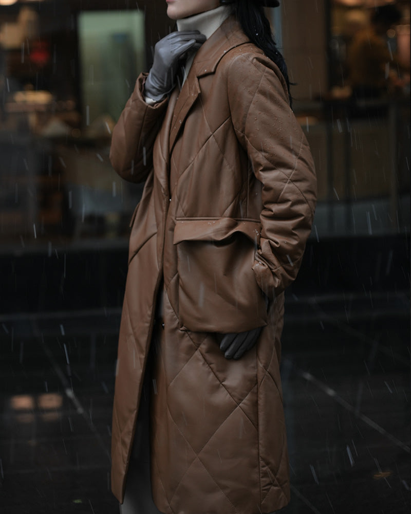 Diamond Quilted Leather Long Down Coat