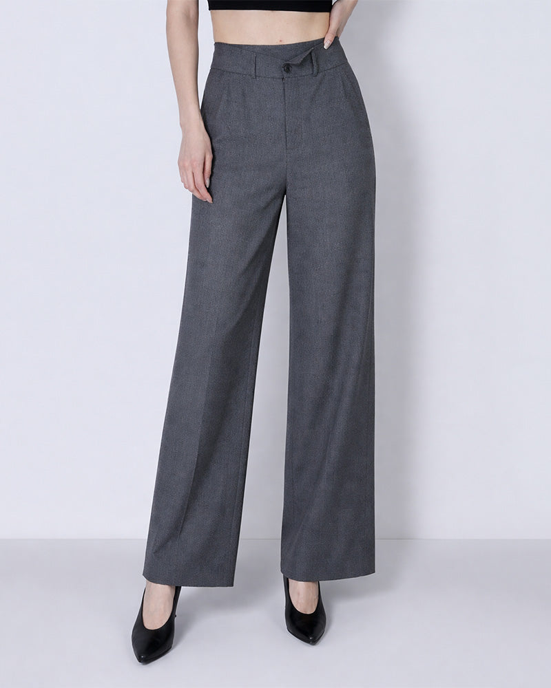 Black Grey Houndstooth Straight Trousers with Waist Detail