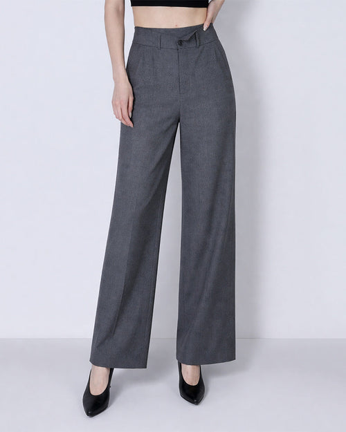 Black Grey Houndstooth Straight Trousers with Waist Detail Suitpure