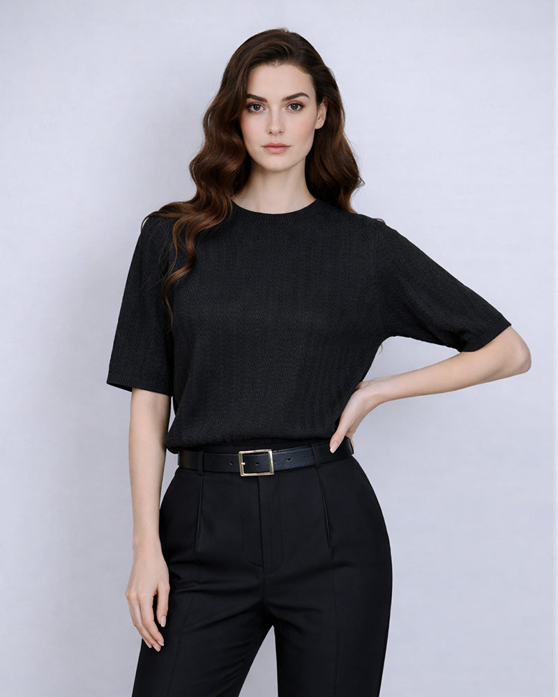 Black Textured Knit Short Sleeve Top