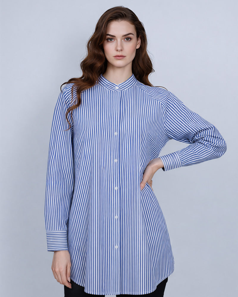 Blue and White Striped Mandarin Collar Shirt Jacket