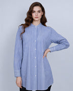 Blue and White Striped Mandarin Collar Shirt Jacket